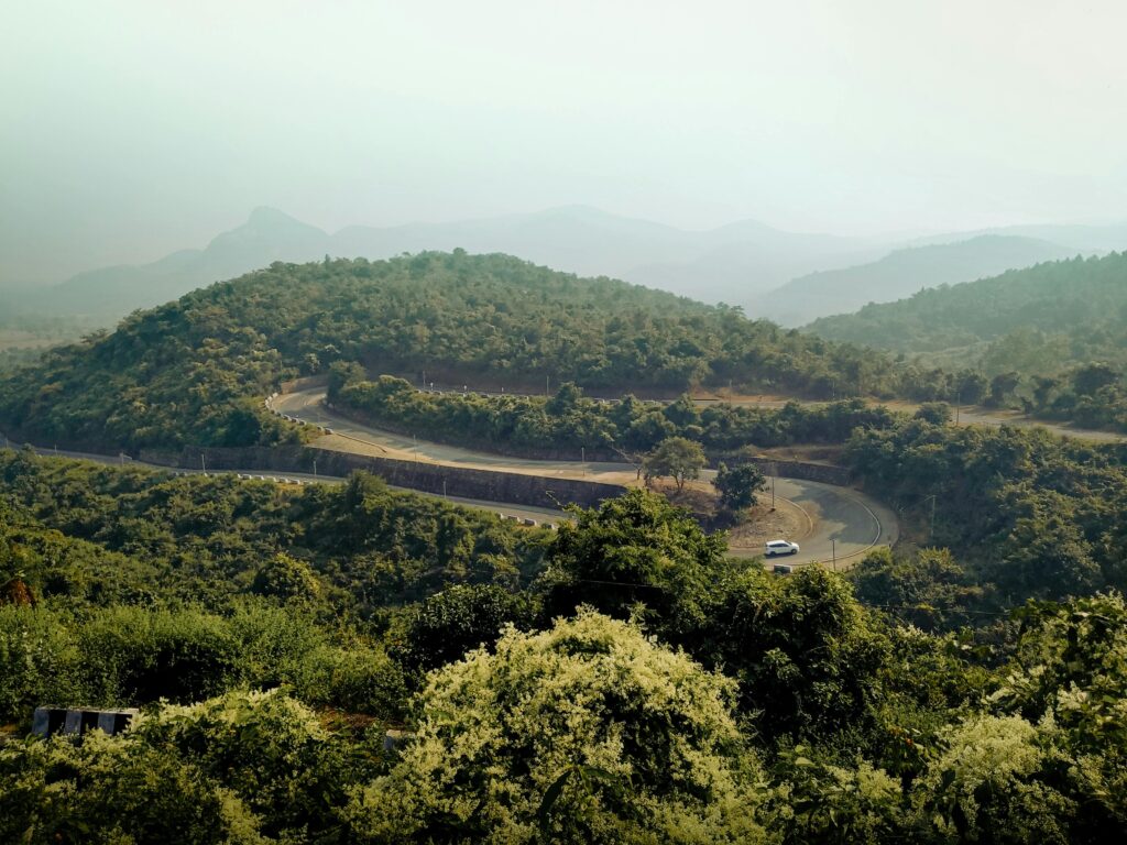 pexels-photo-18418598-18418598 Aerial view of a winding road through lush green hills in Purulia, India. Ideal travel and nature concept.